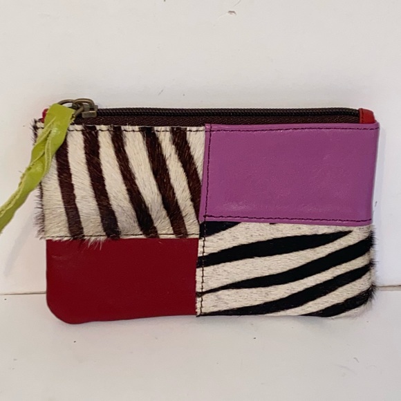 Soruka Leather & Real Fur Colorblock Zebra Print Patchwork Money Card ID Holder - Picture 1 of 15